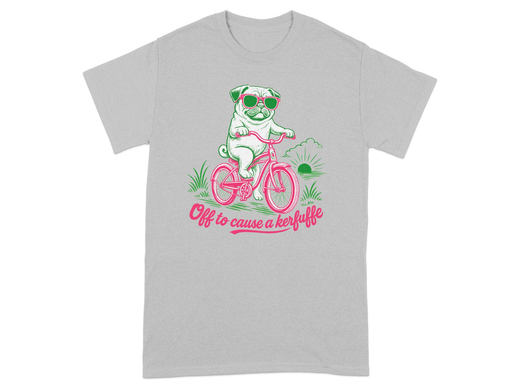 Pug on a pink bicycle, wearing sunglasses, with text "Off to cause a kerfuffle".