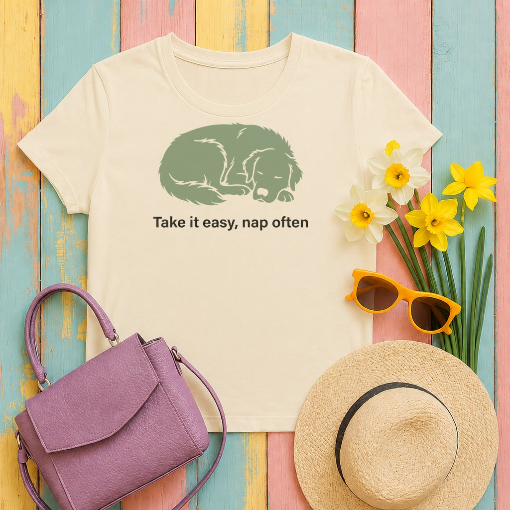 migbackfill take-it-easy-golden-retriever-t-shirt tee flat lay hero v8