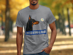 Grey t-shirt with Doberman image and "FOCUSED BEYOND ALL REASON" text.