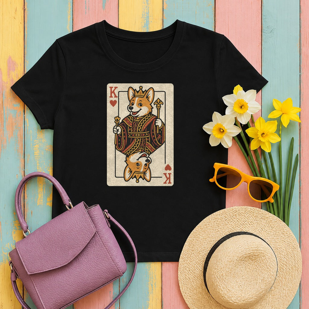 Corgi King Playing Card T-Shirt in Black