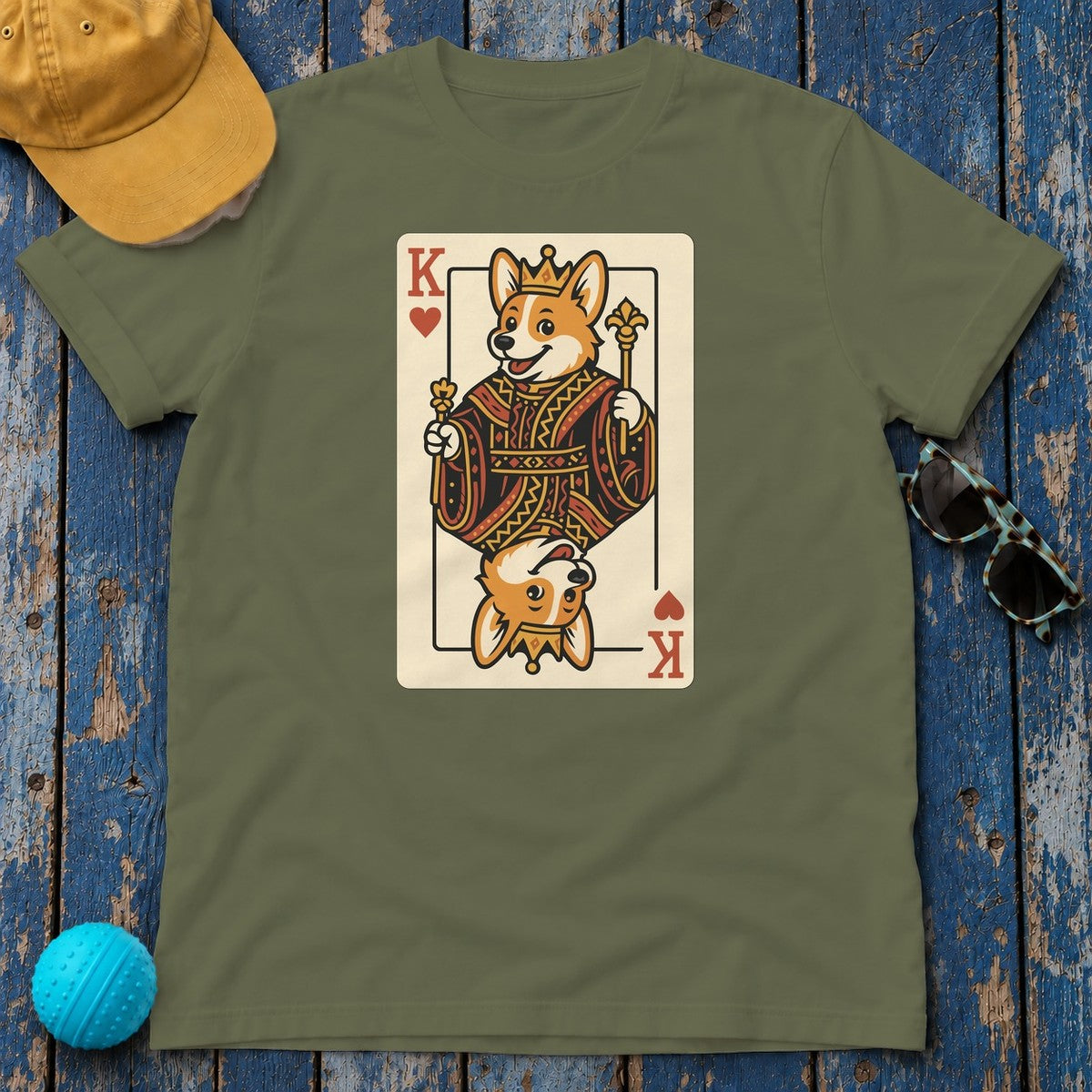 Corgi King Playing Card T-Shirt in Military Green