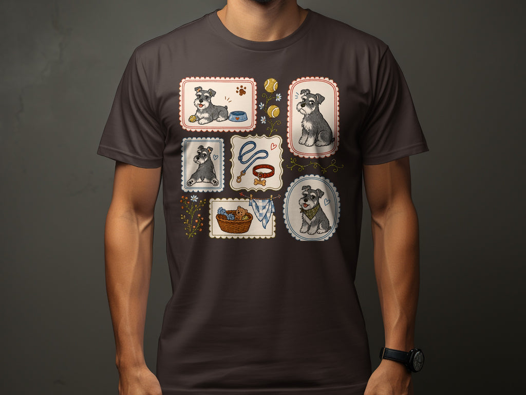 Framed illustrations of schnauzers and dog accessories on a dark t-shirt.