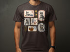 Framed illustrations of schnauzers and dog accessories on a dark t-shirt.