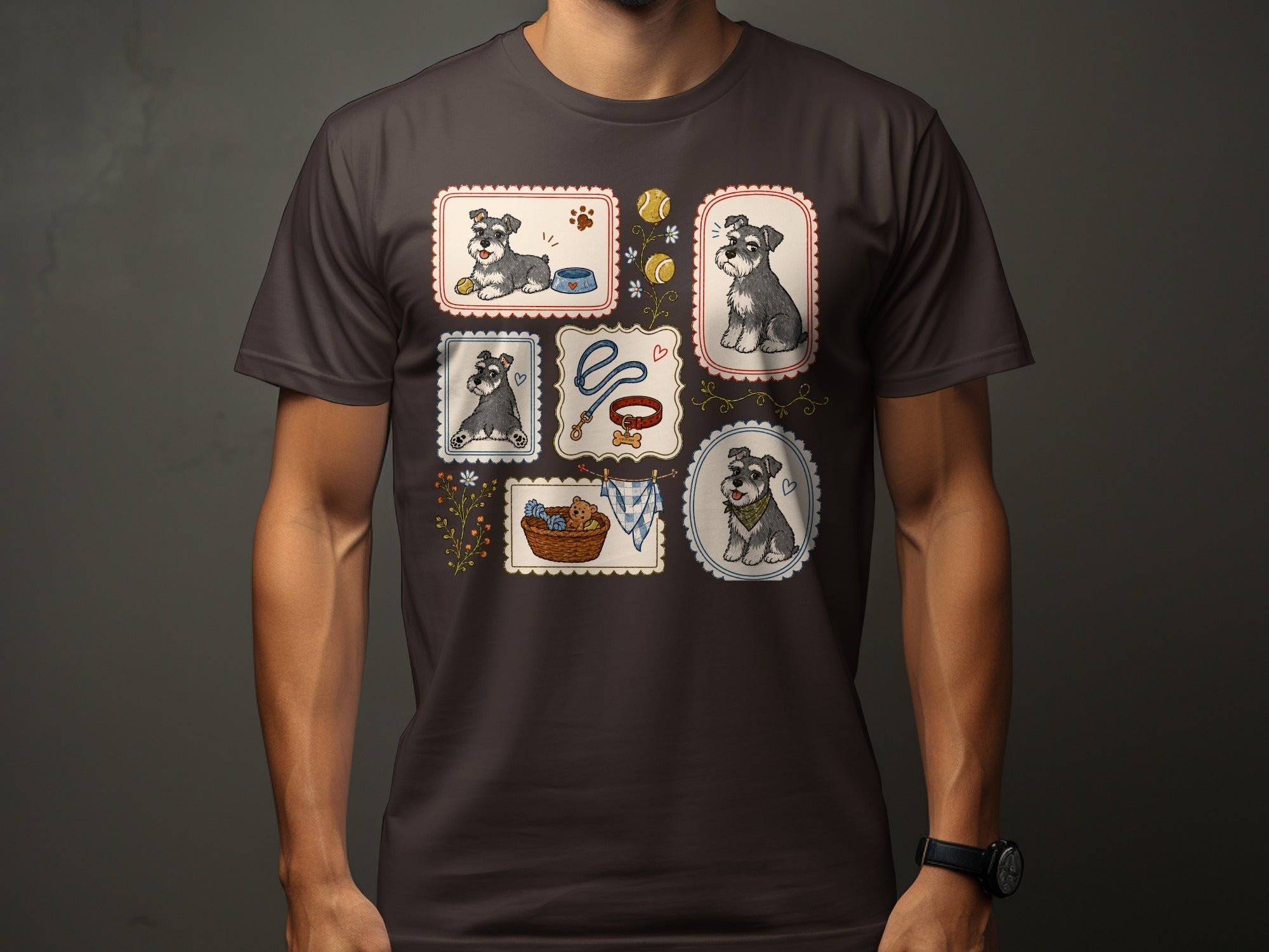 Framed illustrations of schnauzers and dog accessories on a dark t-shirt.