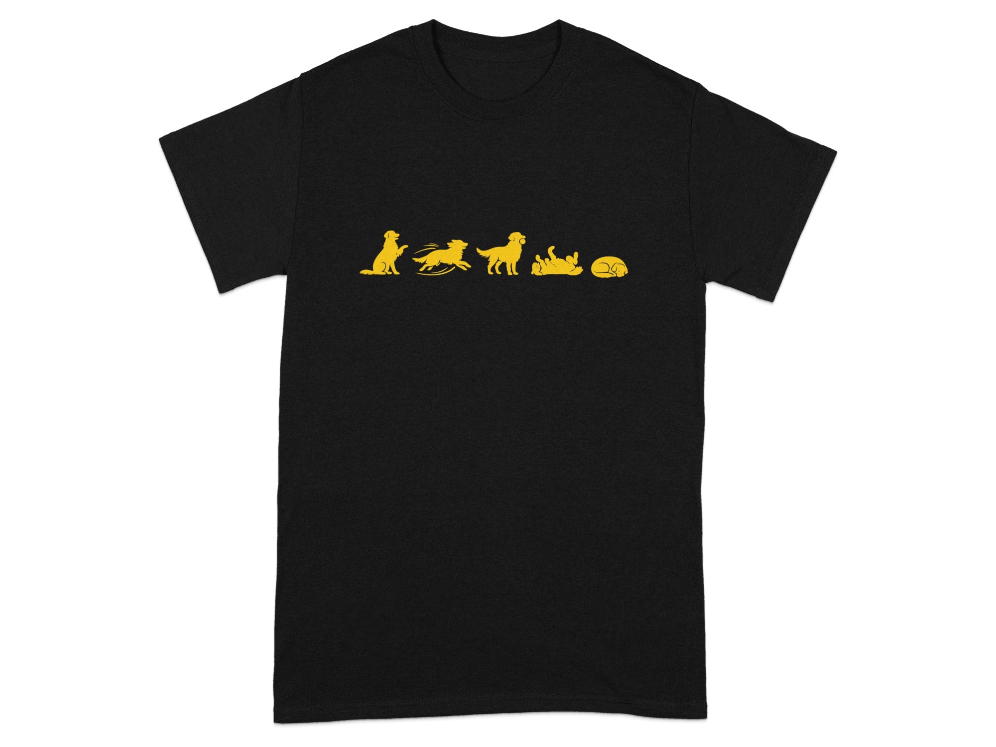 Yellow silhouette of a dog in five stages of motion on a black t-shirt.