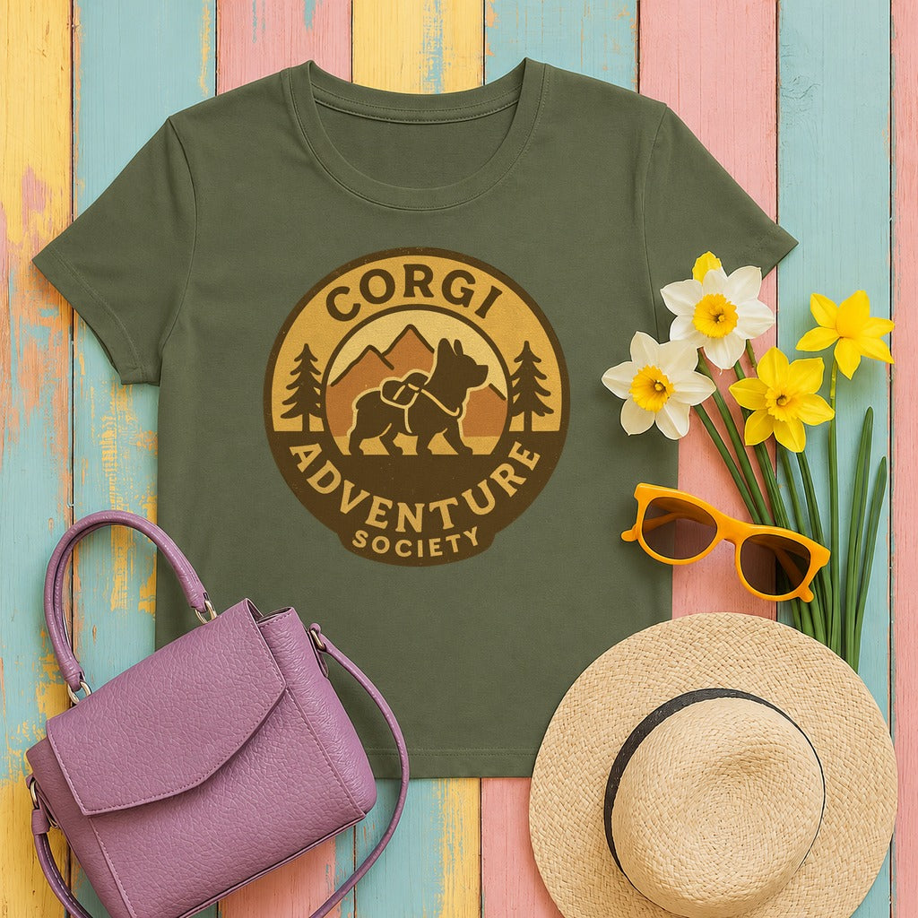 Outdoorsy Corgi Adventure Society T-Shirt in Military Green