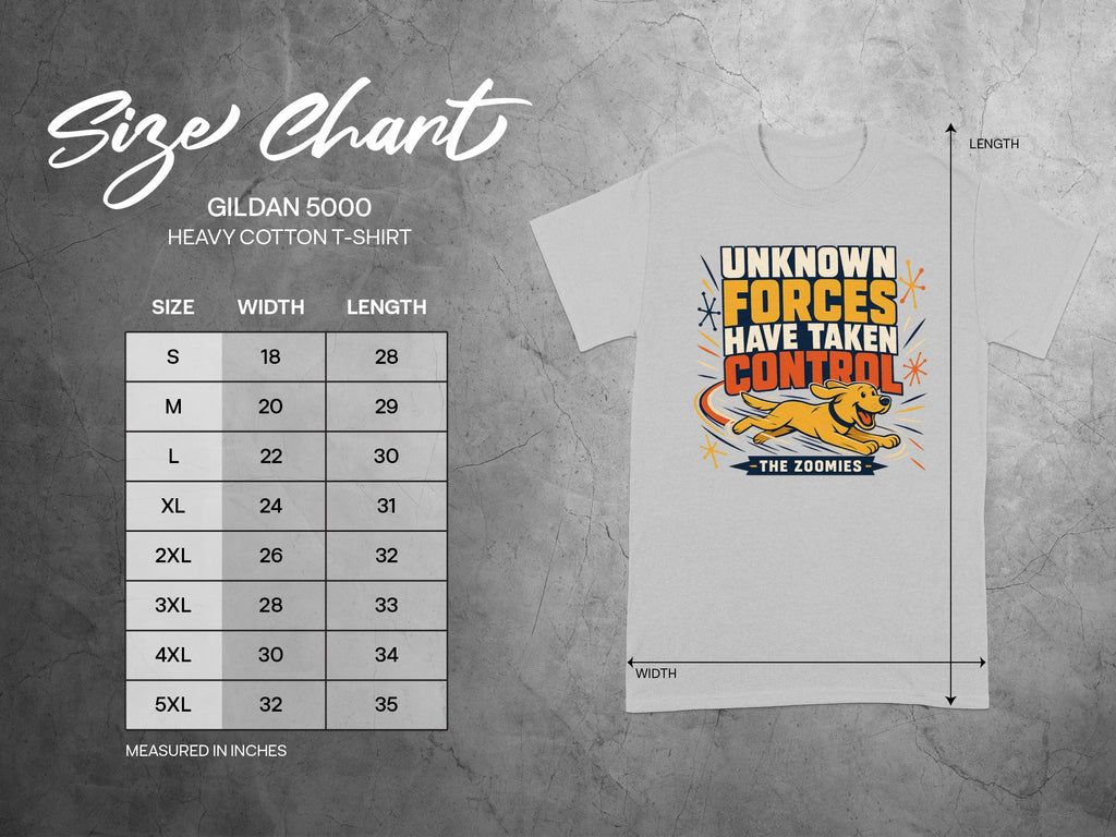 Gildan 5000 size chart with t-shirt graphic showing "Unknown Forces Have Taken Control".