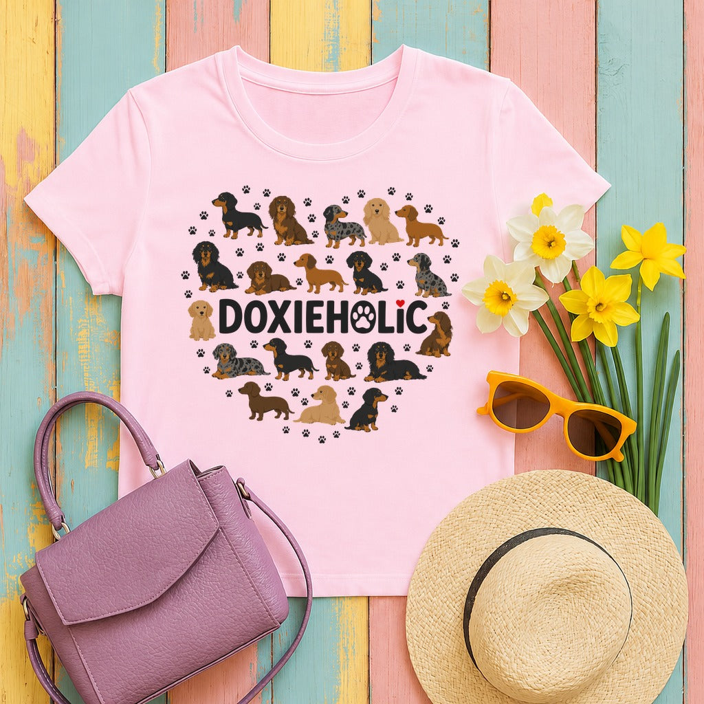 Doxieholic Heart Dachshund T-Shirt in Light Pink