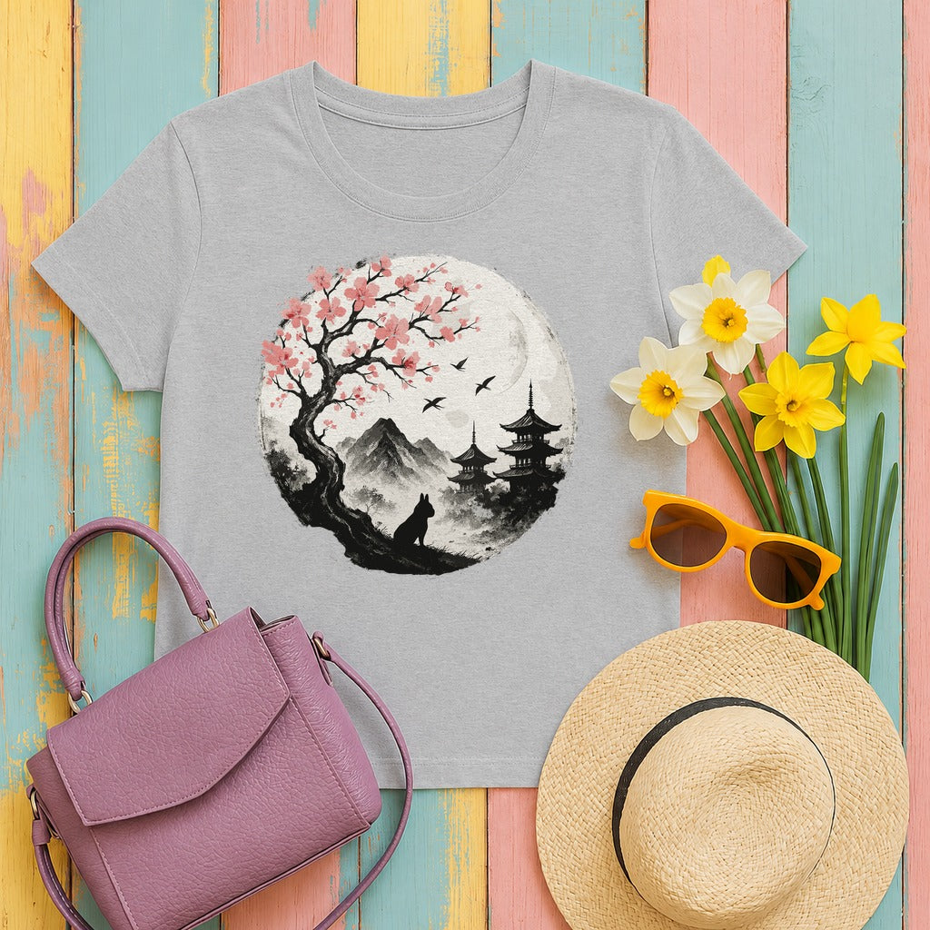 Zen Japanese Scene With French Bulldog Silhouette T-Shirt in Sport Grey