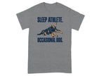 Grey t-shirt with a relaxed dog and text: SLEEP ATHLETE. OCCASIONAL DOG.