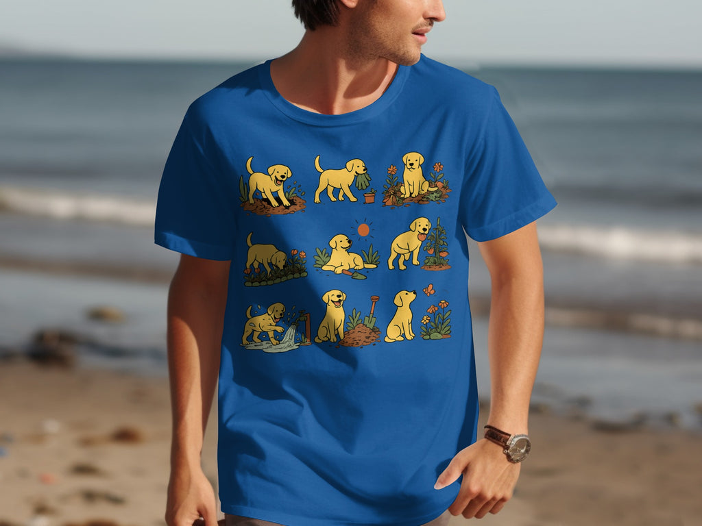 Blue t-shirt with nine illustrations of a puppy gardening.