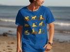 Blue t-shirt with nine illustrations of a puppy gardening.