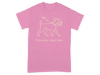 Pink t-shirt with line drawing of a dog on leash and text "Slow down, enjoy walks."