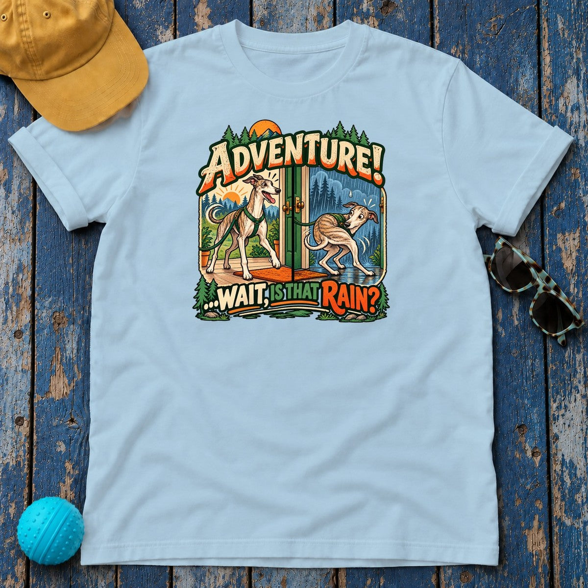 Adventure Wait Is That Rain Greyhound T-Shirt in Light Blue - flat lay