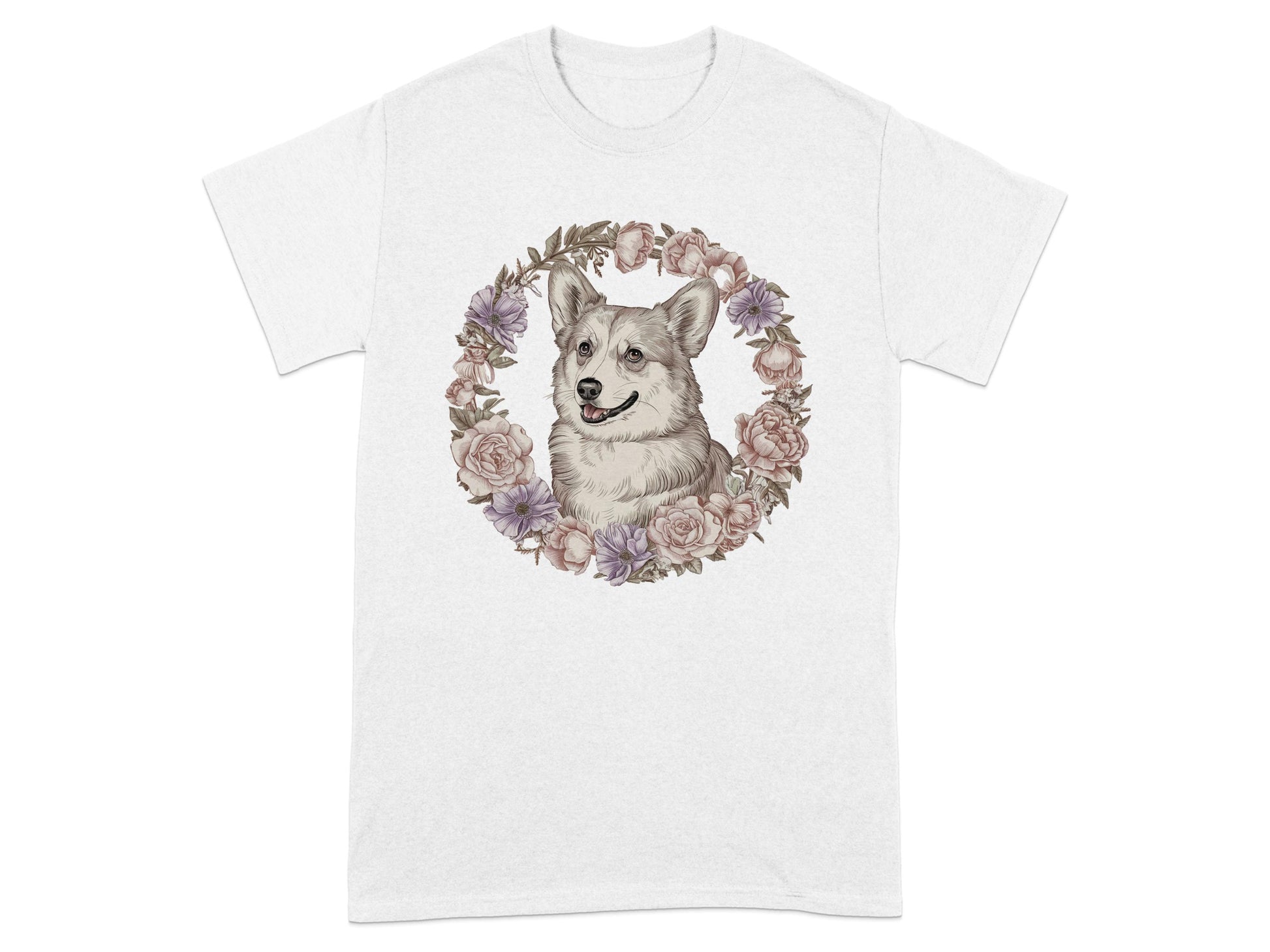Beautifully Illustrated Floral Puppy on White T-Shirt product type