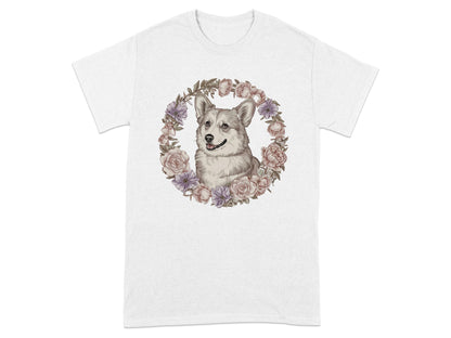 Beautifully Illustrated Floral Puppy on White T-Shirt product type