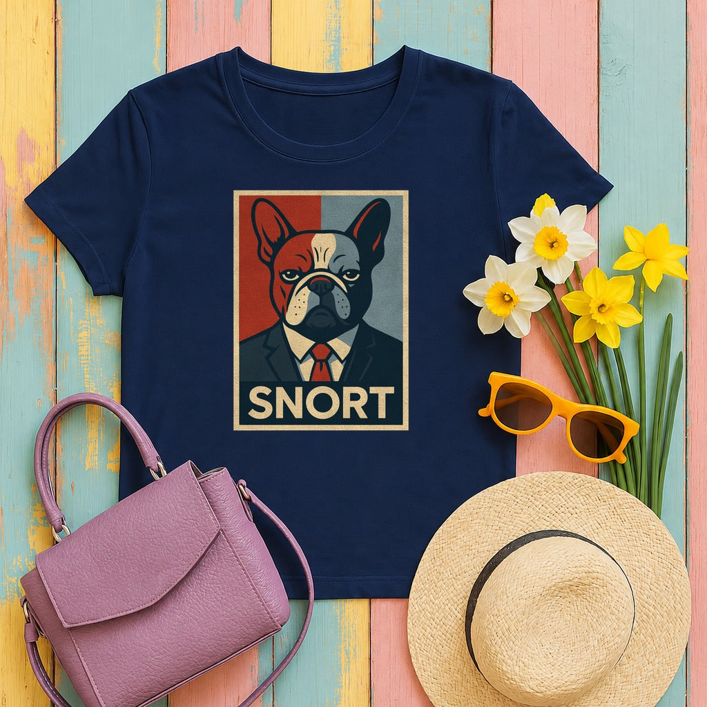 Snort French Bulldog Dog with Suit Design Funny T-Shirt in Navy