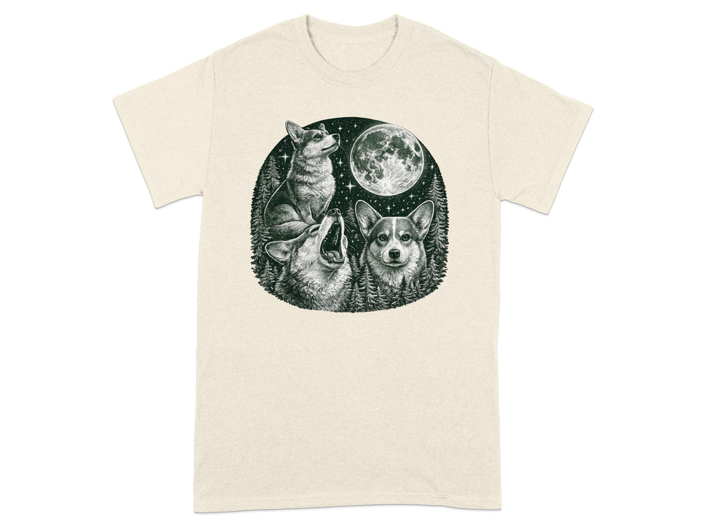 Corgis and a wolf howl under a full moon and starry sky.
