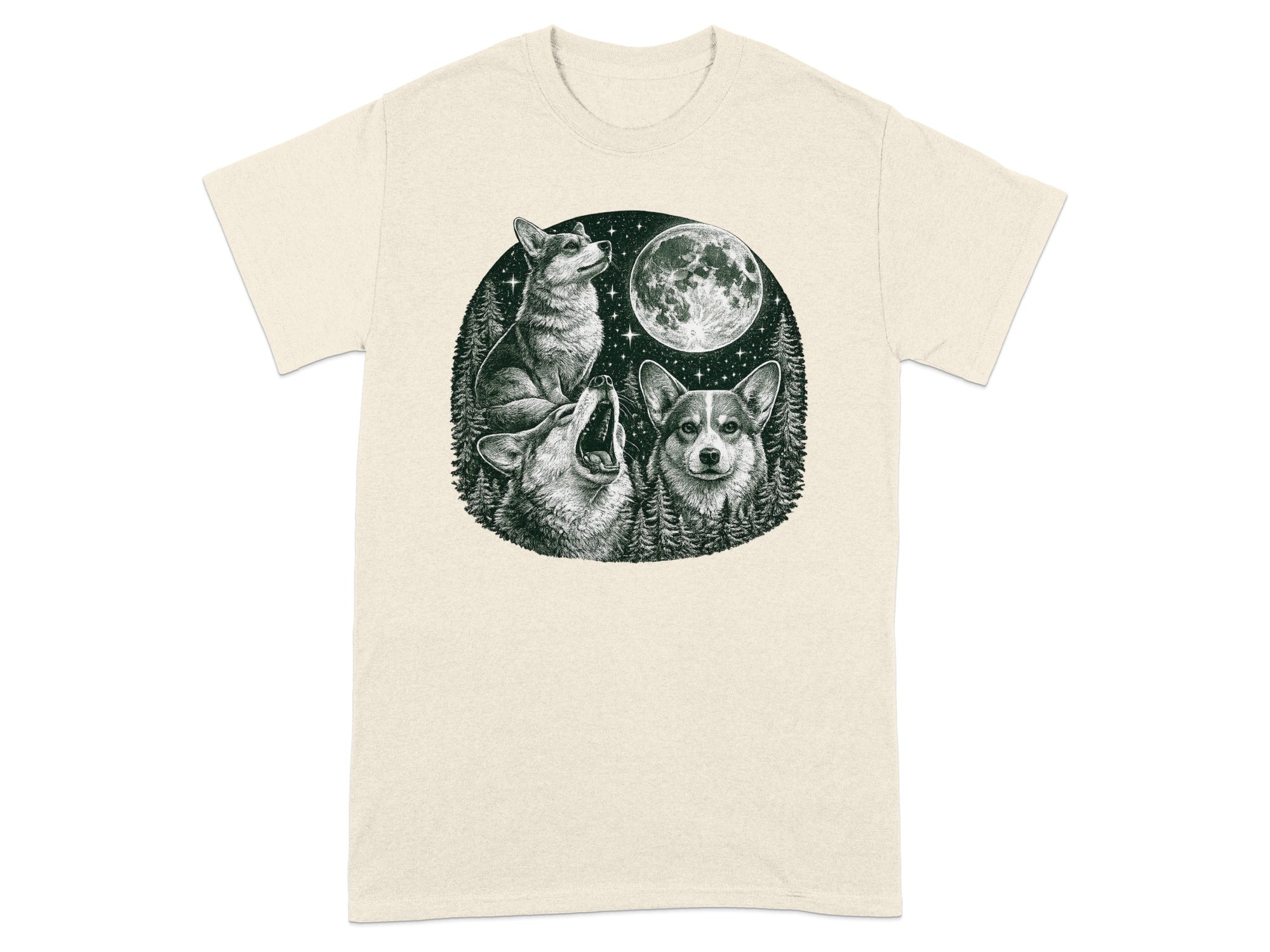 Corgis and a wolf howl under a full moon and starry sky.