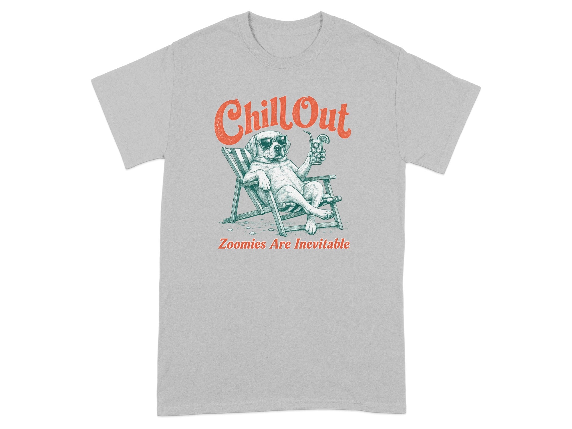 Dog wearing sunglasses relaxing in a beach chair, text "Chill Out" and "Zoomies Are Inevitable".