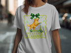 Golden retriever on scooter with text "OFF TO HAVE A CRASH OUT" and green bow.