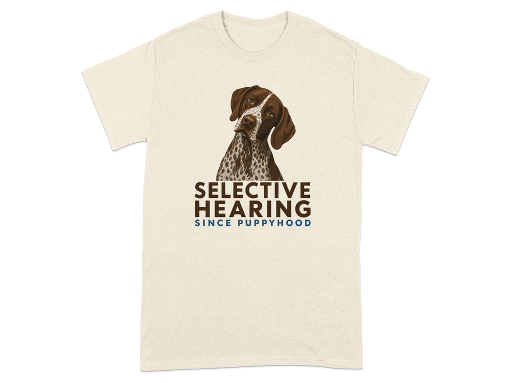Cream t-shirt with dog graphic and "SELECTIVE HEARING SINCE PUPPYHOOD" text.