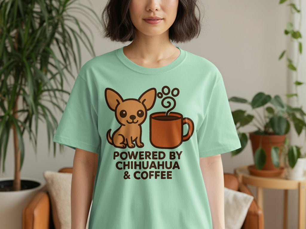 Light green t-shirt with chihuahua and coffee mug graphic and text.