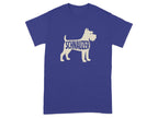 Blue t-shirt with a cream silhouette of a Schnauzer dog with text.