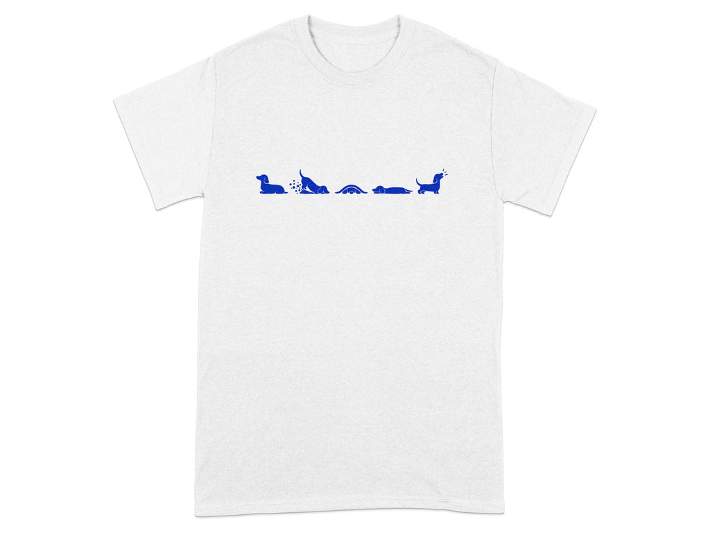 White t-shirt with a line of blue dachshunds in various poses.