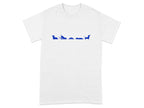 White t-shirt with a line of blue dachshunds in various poses.