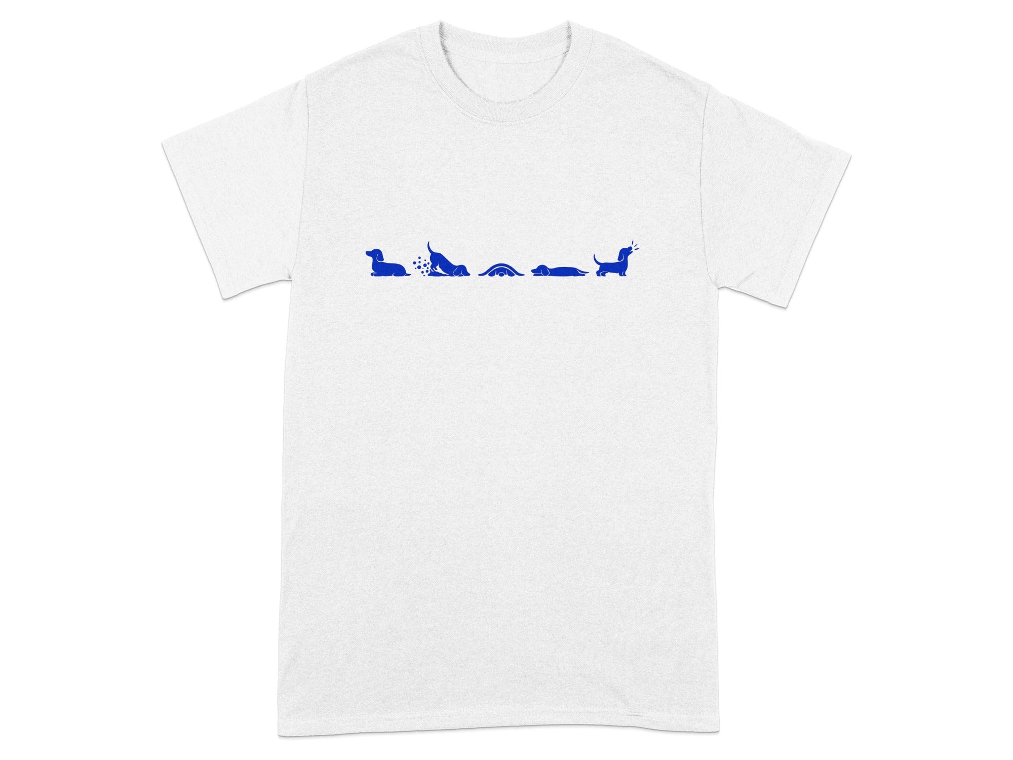 White t-shirt with a line of blue dachshunds in various poses.
