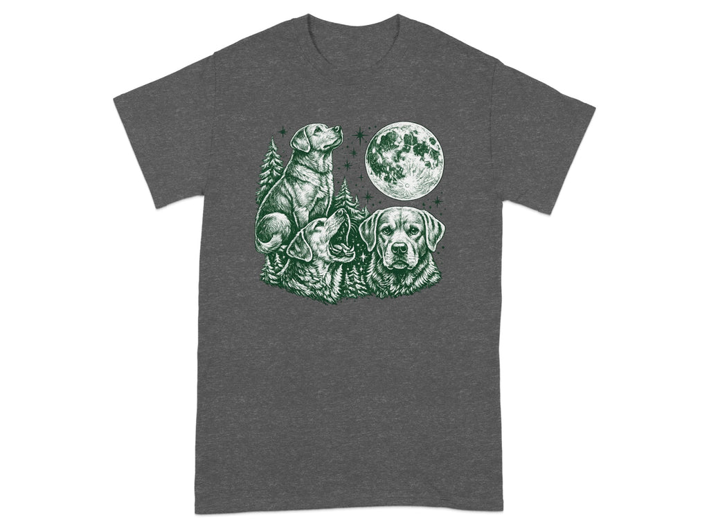 Three dogs look up at a full moon in a forest scene.