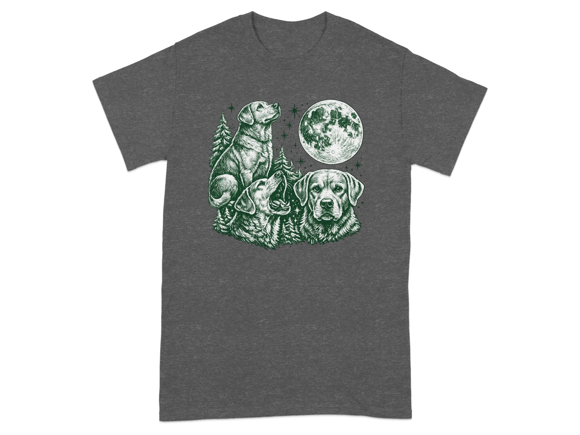 Three dogs look up at a full moon in a forest scene.