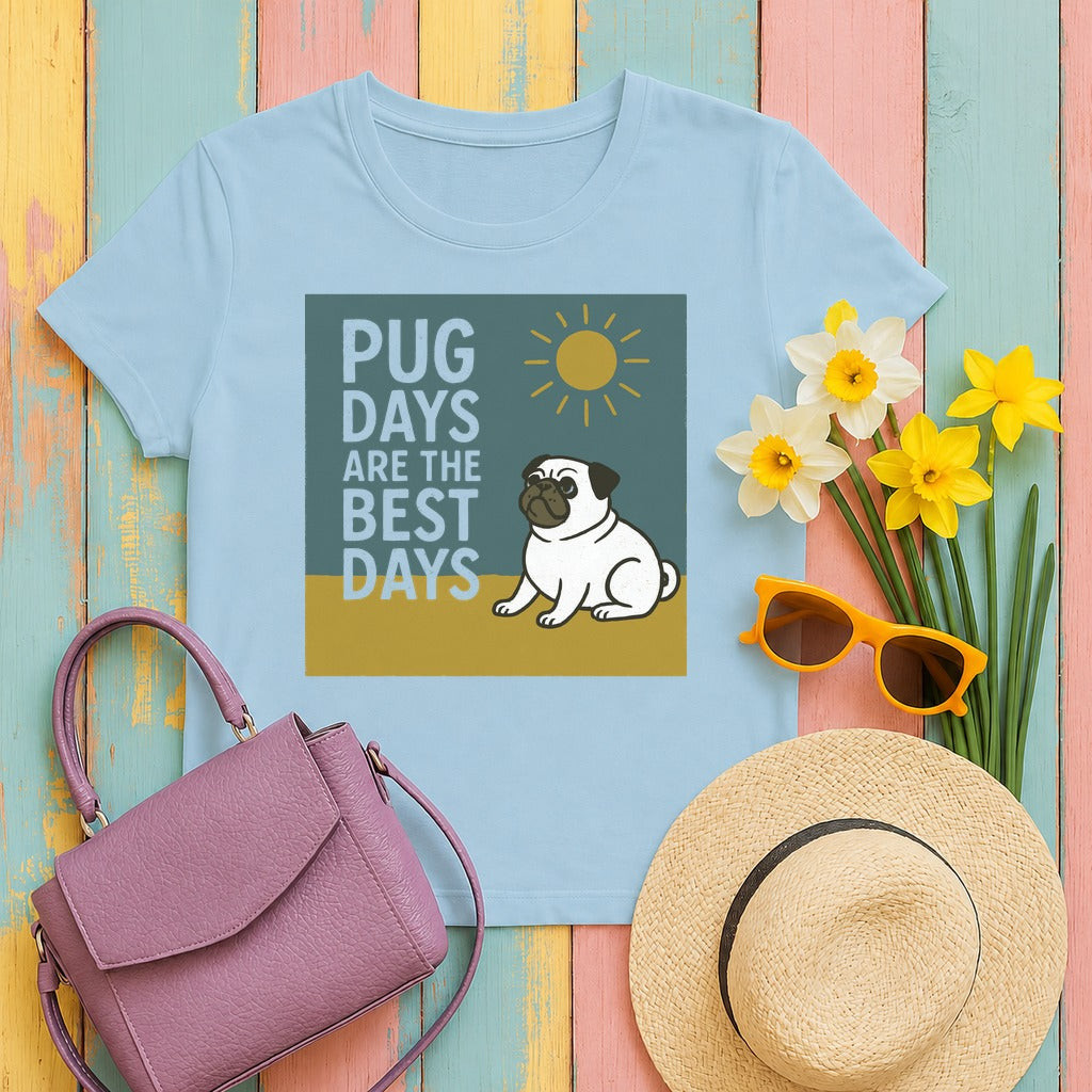 Sunny Pug Days Illustration T-shirt in Light Blue
