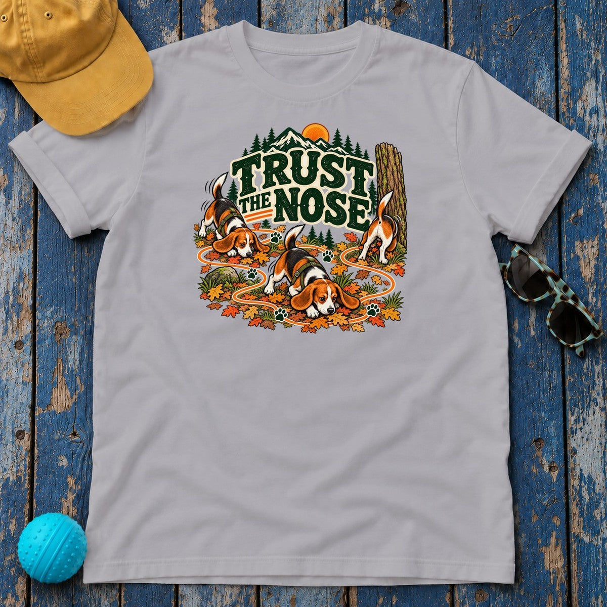Trust the Nose Beagle Trail T-Shirt in Athletic Heather - flat lay