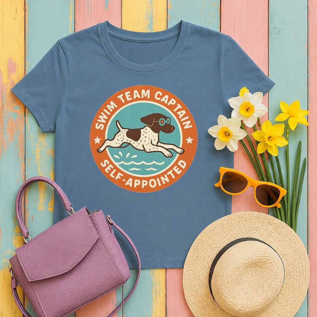 German Shorthaired Pointer Swim Team Captain T-shirt in Steel Blue