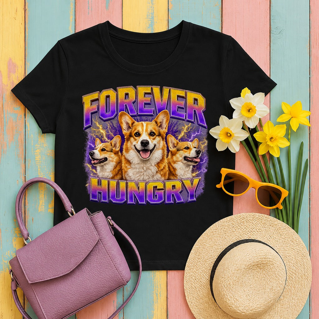 Forever Hungry Corgi Energy T-Shirt in Black