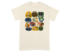 Various patches with Labrador retriever breeds and humorous text.