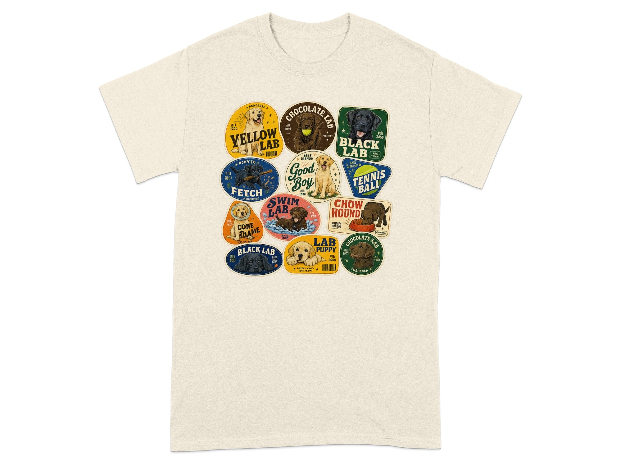 Various patches with Labrador retriever breeds and humorous text.