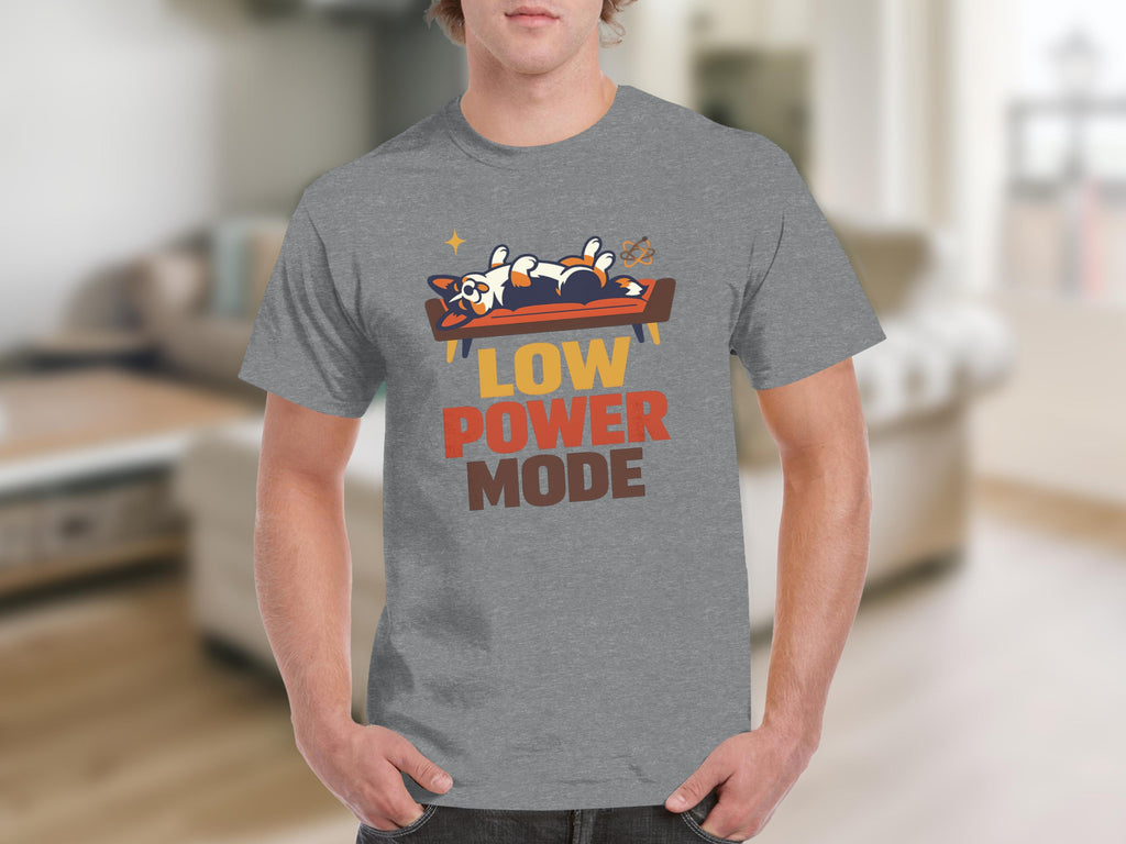 Grey t-shirt with a Corgi dog on a couch graphic and "LOW POWER MODE" text.