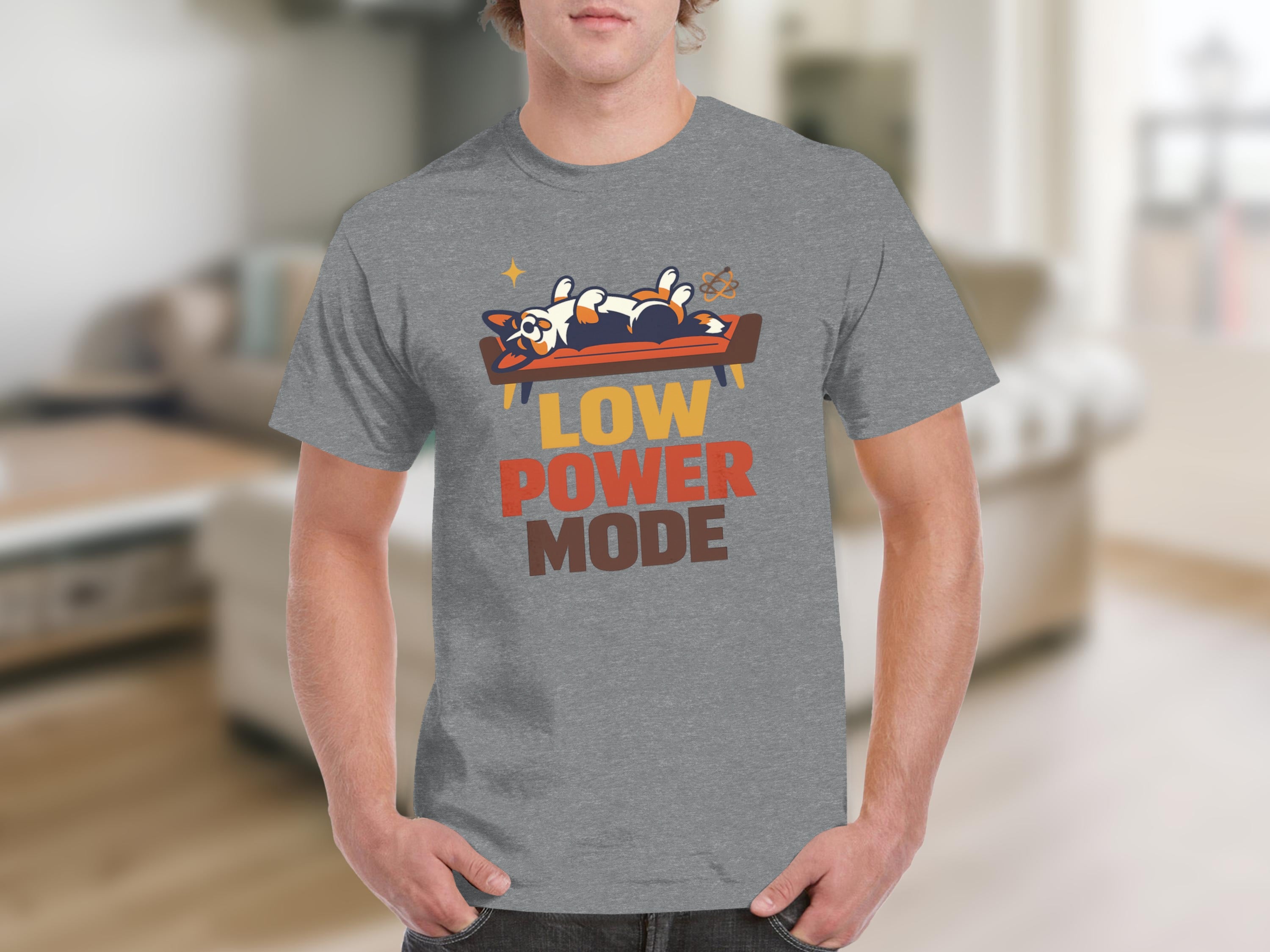 Grey t-shirt with a Corgi dog on a couch graphic and "LOW POWER MODE" text.
