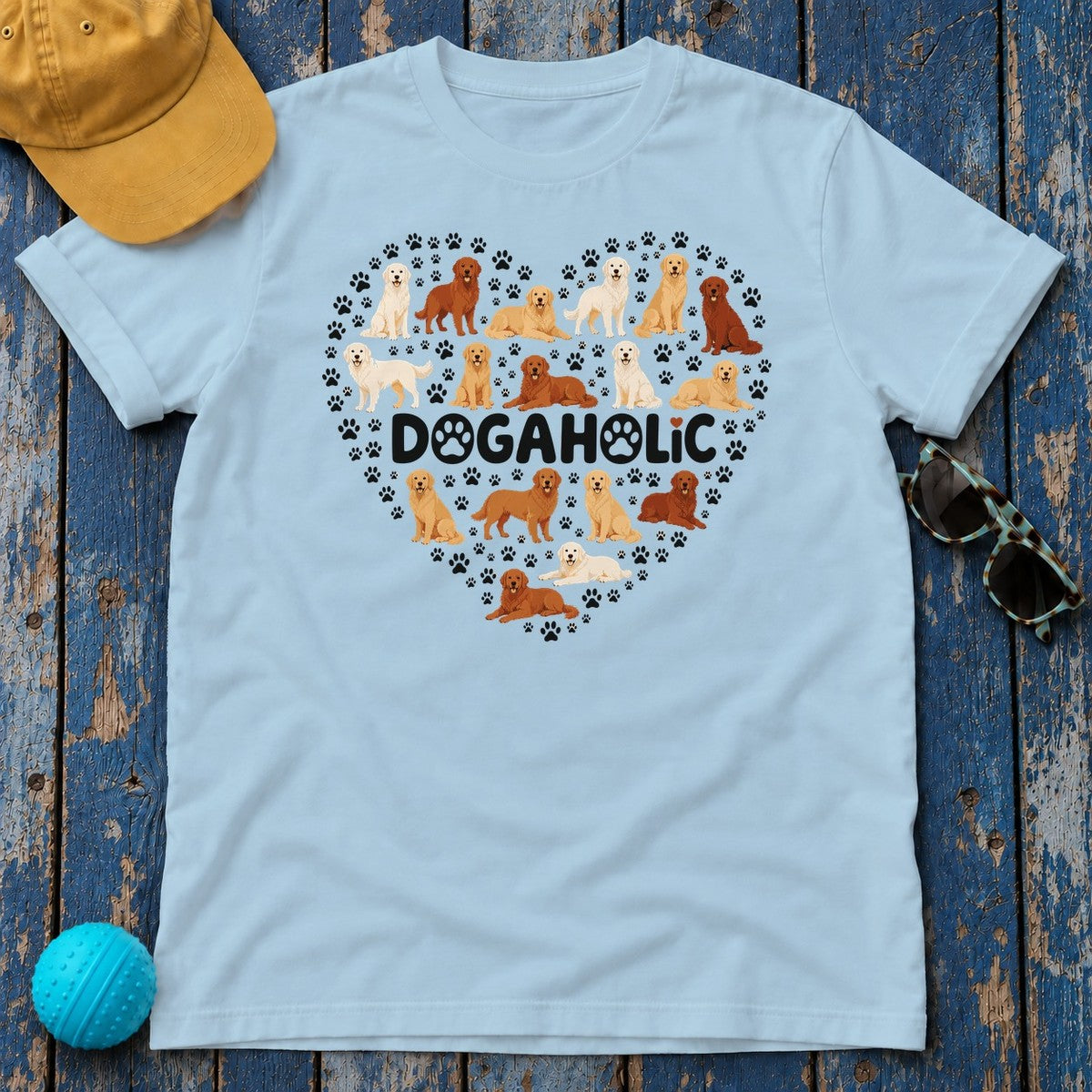 Golden Retriever Dogaholic Heart T-Shirt in Light Blue