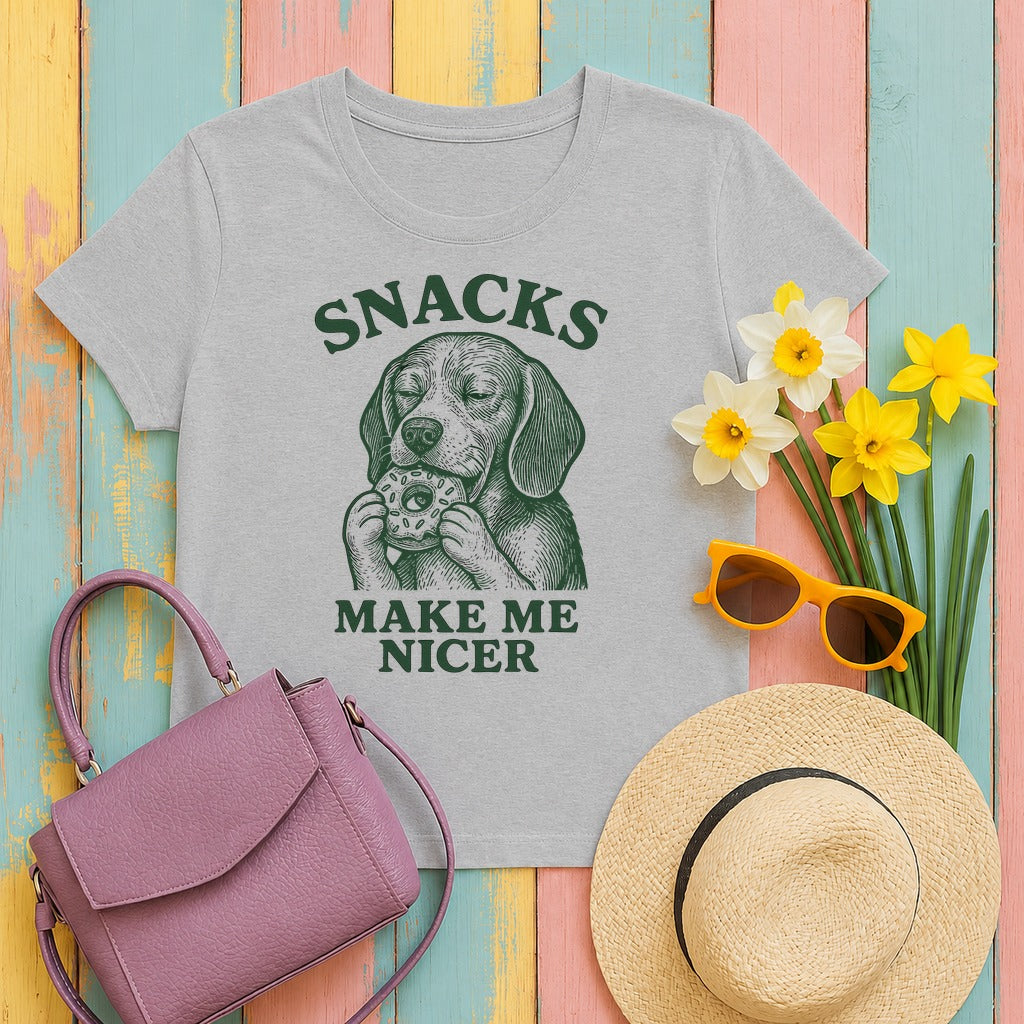 Snacks Make Me Nicer Dog with Beagle T-Shirt in Sport Grey