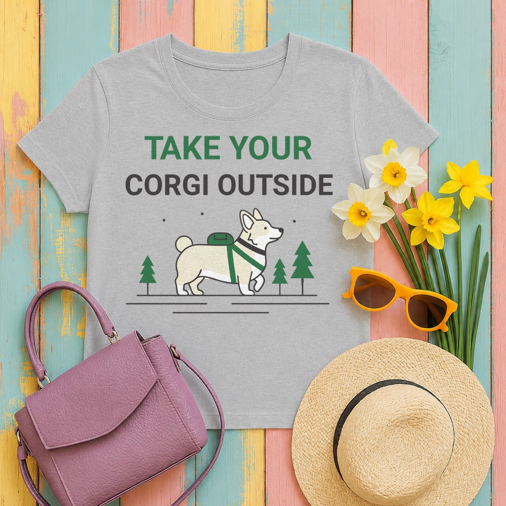 Take Your Corgi Outside Outdoors Adventure Cartoon T-Shirt in Sport Grey