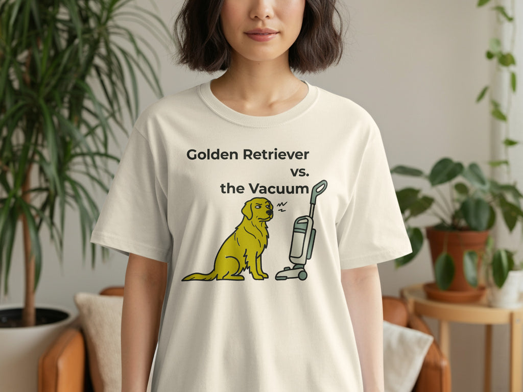 Golden Retriever and vacuum cleaner graphic on a t-shirt.