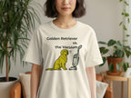 Golden Retriever and vacuum cleaner graphic on a t-shirt.