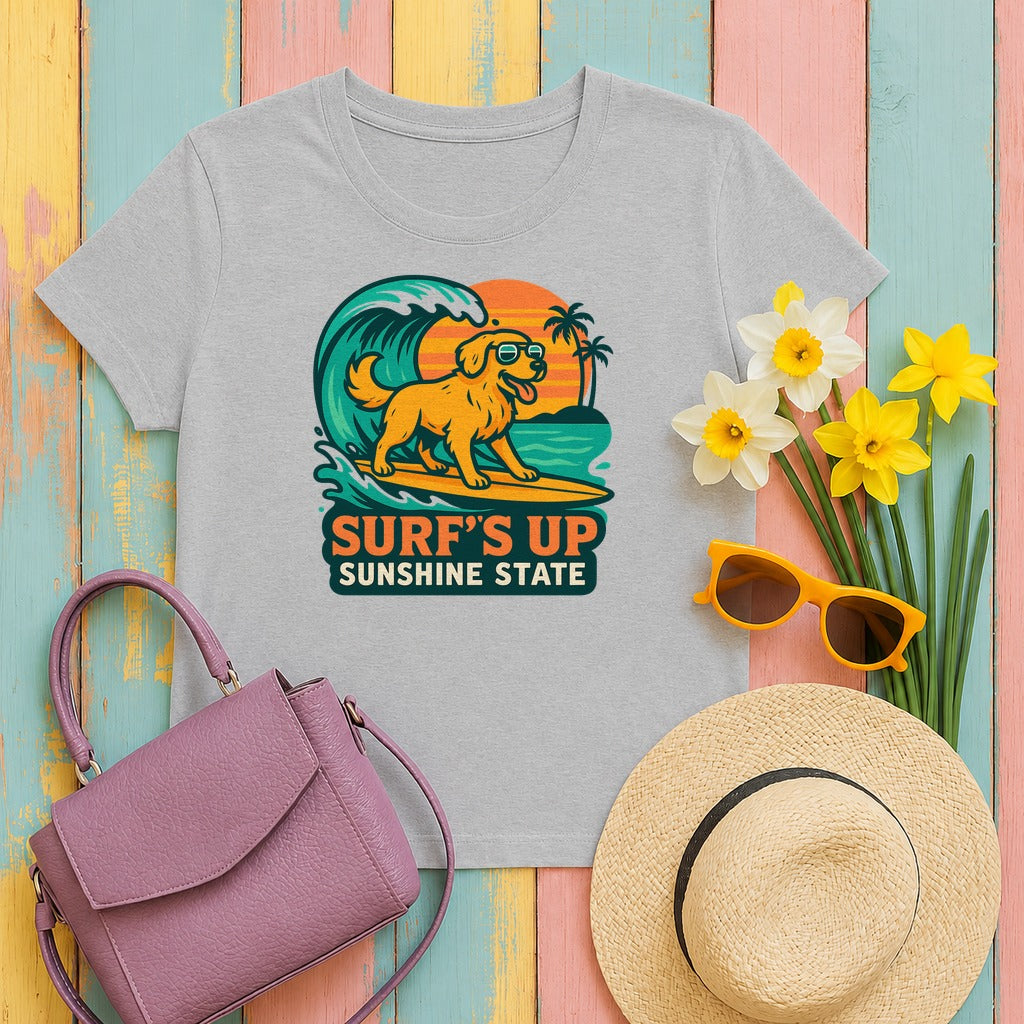 Surf's Up Sunshine State Golden Retriever Surfing T-Shirt in Sport Grey
