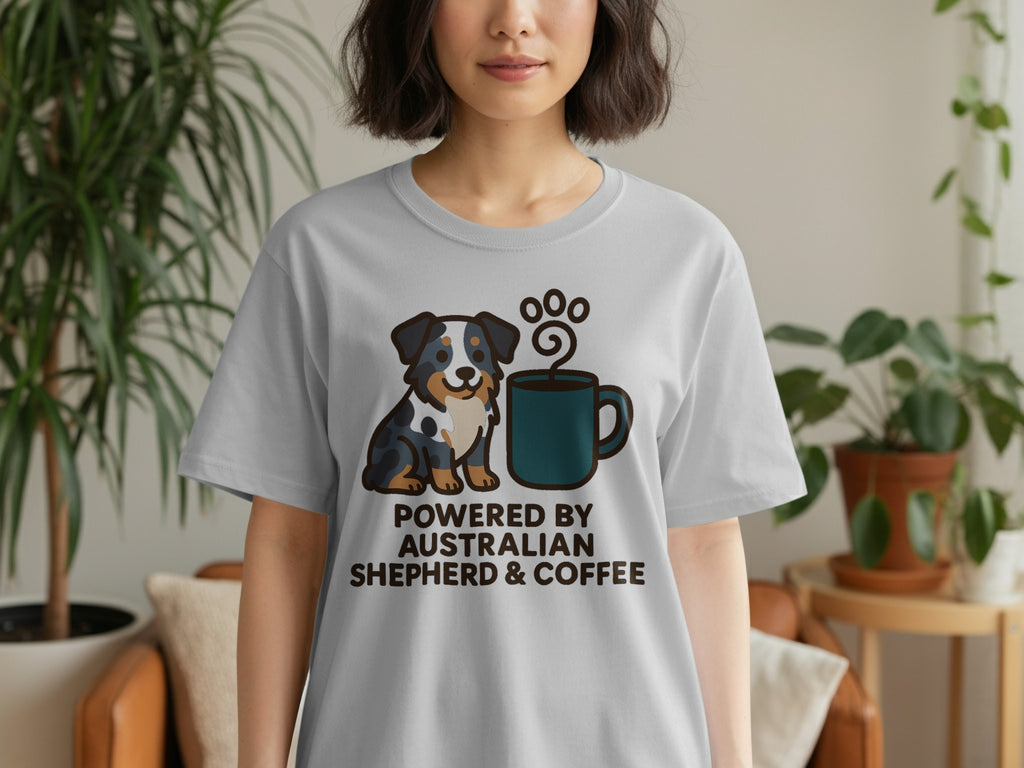 Grey t-shirt with cartoon Australian Shepherd and coffee cup, "Powered by Australian Shepherd & Coffee".