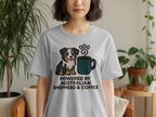 Grey t-shirt with cartoon Australian Shepherd and coffee cup, "Powered by Australian Shepherd & Coffee".