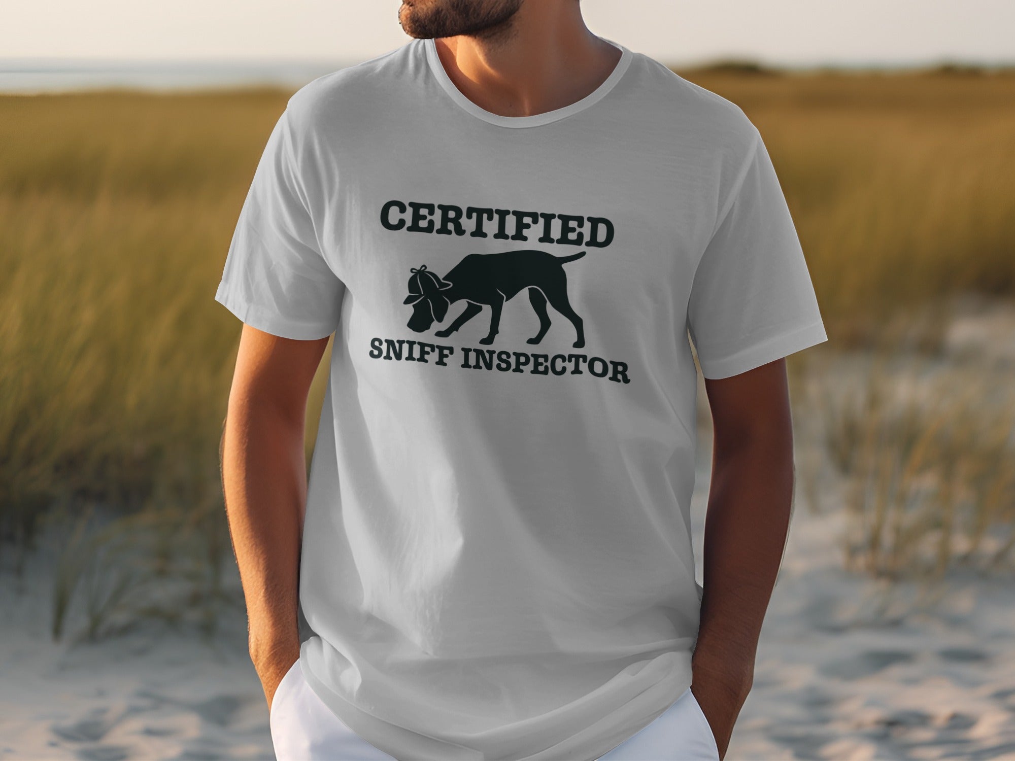 T-shirt with graphic of a dog's head labeled "Certified Sniff Inspector".